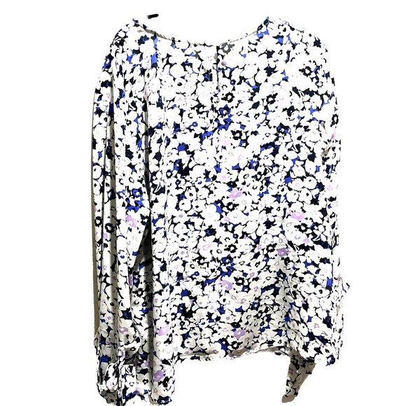 BANANA REPUBLIC Top White Blue Purple Floral Blouse Tie Sleeve Women XL Career - Picture 2 of 4